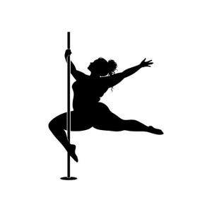 Peut inclure: Une silhouette graphique noire unie représentant une personne effectuant une figure de pole dance. La silhouette est montrée dans une pose dynamique, saisissant une barre verticale d'une main tout en étendant l'autre bras et les jambes.