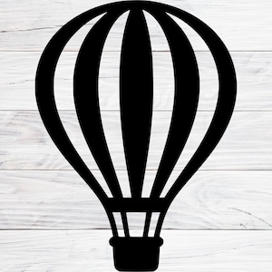 K&ouml;nnte beinhalten: Schwarz-wei&szlig;e Grafik eines Hei&szlig;luftballons. Der Ballon hat vertikale Streifen und einen Korb am Boden. Das Bild ist eine Silhouette, wobei die Form des Ballons vor einem wei&szlig;en Hintergrund deutlich definiert ist.