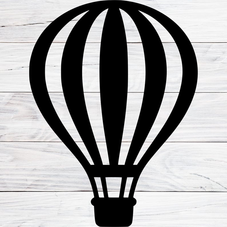 K&ouml;nnte beinhalten: Schwarz-wei&szlig;e Grafik eines Hei&szlig;luftballons. Der Ballon hat vertikale Streifen und einen Korb am Boden. Das Bild ist eine Silhouette, wobei die Form des Ballons vor einem wei&szlig;en Hintergrund deutlich definiert ist.