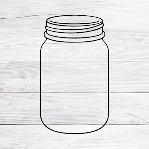 May include: A black and white line drawing of a mason jar with a lid on a white wood background.