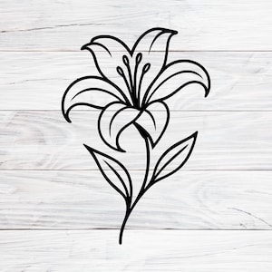 Puede incluir: Dibujo lineal negro de una flor de lirio con pétalos, estambres y hojas detallados. La flor está centrada sobre un fondo de tablones de madera blancos, creando un diseño limpio y elegante. El tallo y las hojas también son negros.