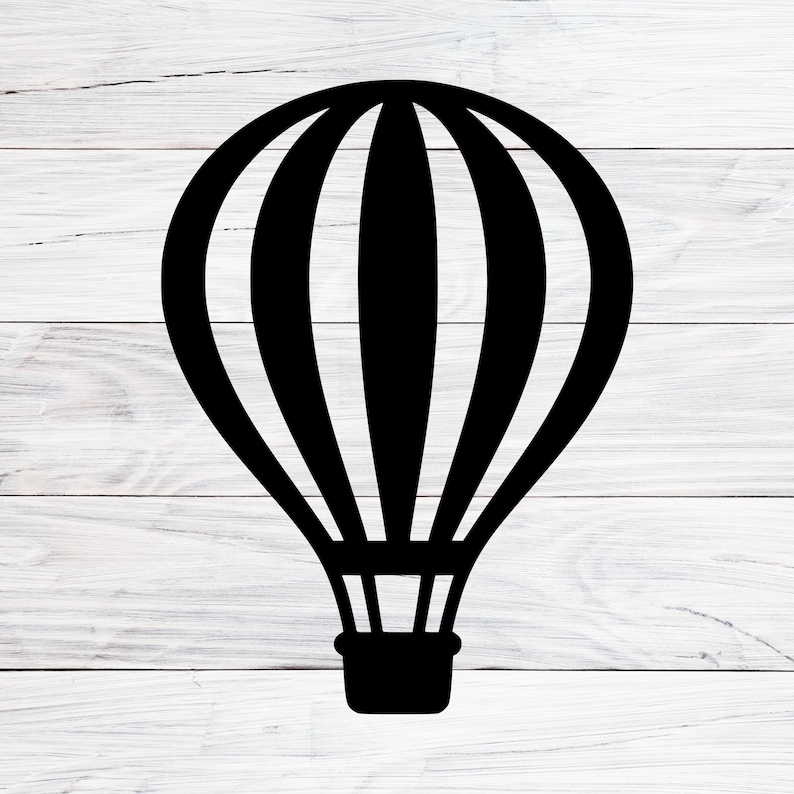 K&ouml;nnte beinhalten: Schwarze Hei&szlig;luftballon-Silhouette vor wei&szlig;em Holzmaserungshintergrund. Der Ballon hat vertikale Streifen und einen Korb unten. Das Design ist einfach und grafisch, geeignet f&uuml;r verschiedene Anwendungen.