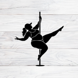 Curvy Woman Pole Dancer SVG PNG EPS, Plus Size Pole Fitness Silhouette, Body Positive Pole Dance Clipart, Thick Girl Pole Dancing Vector
