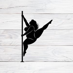 May include: A black silhouette graphic of a person with a curvy physique performing a pole dance move. The figure is shown in profile, gripping a vertical pole with one hand while extending one leg upward and outward in a dynamic pose.