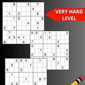 May include: A Sudoku puzzle with the text "VERY HARD LEVEL" in a red banner. A yellow pencil with a pink eraser is in the lower right corner. The puzzle is on a gray background.