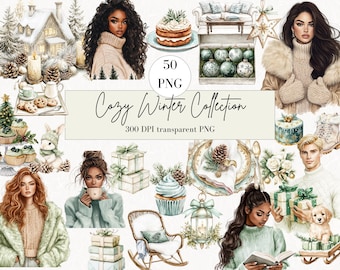 Watercolor Winter Clipart Bundle: Cozy Christmas PNG (Digital Download)