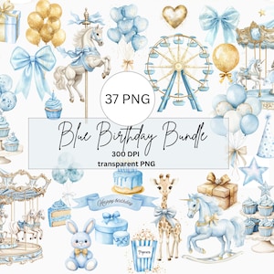 Pacote de aniversário em aquarela azul, clipart, cartão de aniversário para menino, decoração de berçário, festa de menino, carrossel, balões, cupcakes, clipart de chá de bebê