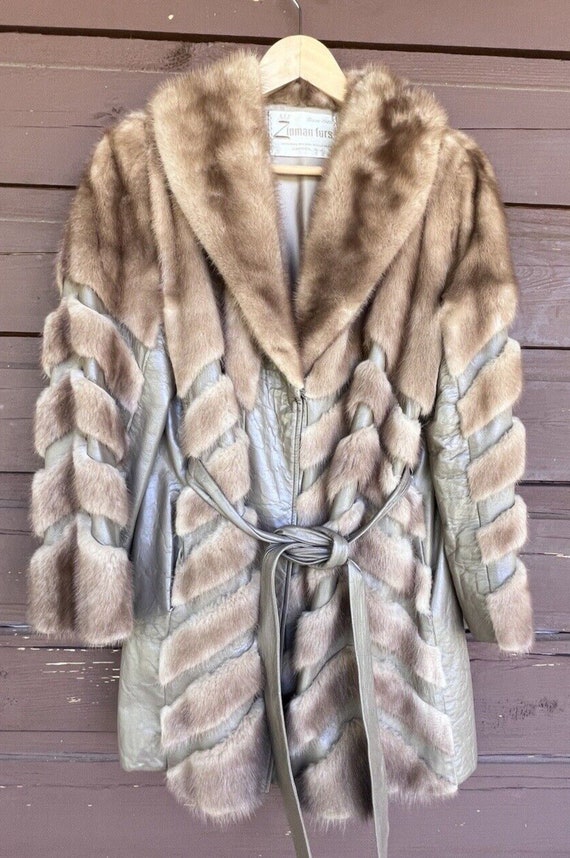 Vintage '70s Women's Mink Coat Tan Chevron Leather