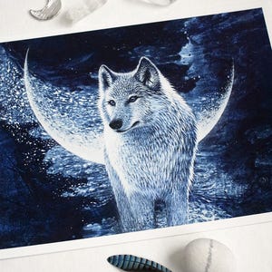 Weißer Wolf Druck, Wolf mit Sternen und Mond, Wolf Malerei, Wolf Totem