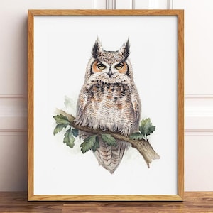 Great Horned Owl Art, Horned Owl Painting, Owl Watercolor Art Print