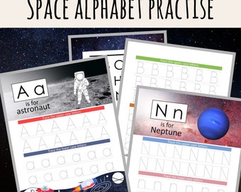 Space-themed alphabet practise worksheets upper & lower case