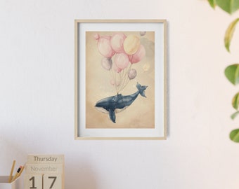 Décoration de chambre d'enfant : joli bébé baleine avec impression aquarelle de ballons