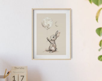 Charmante illustration aquarelle de bébé lapin avec ballon lune - Art mural pour chambre de bébé
