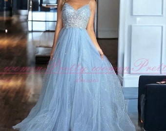 Elegantes blaues Maxikleid, Abendkleid, Hochzeitsgastkleid, Abschlussballkleid, langes Abendkleid, Bling-Glamour-Style-Eventkleid