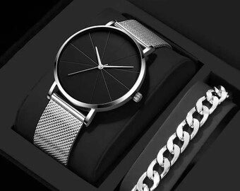 Set of 2 Mens Fashion Business Quartz Wristwatch Fashion Calendar Men Watch Stainless Steel Mesh Belt Men Luxury Silver Bracelet Watches