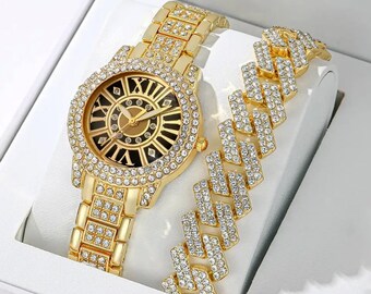 2 pièces montres-bracelets à quartz de luxe Bracelet simple femmes loisirs décontracté pointeur rond strass cadran montre strass ensemble de bracelets
