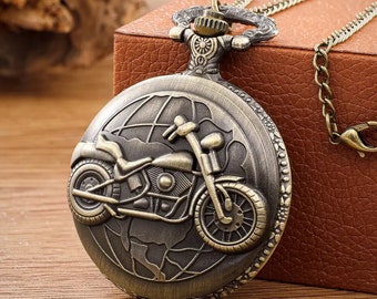 Retro Motorrad AUTO Muster Quarz Taschenuhr Motorrad MOTO Design Anhänger Taschenuhr Kette Geschenke für Männer