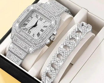 Ensemble de 2 pièces diamant femmes montres montre en or dames montres marque de luxe strass femmes bracelet montres