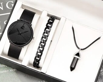 Ensemble de 3 pièces minimalisme mode montres pour hommes Simple hommes affaires maille ceinture montre à quartz homme collier décontracté bracelet montre-bracelet
