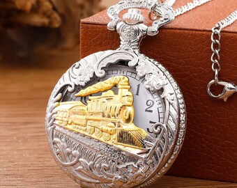 Antique Steam Train Design Pocket Watch with Chain Necklace Vintage Quartz Pendant Watches Clock Chain Mens Women