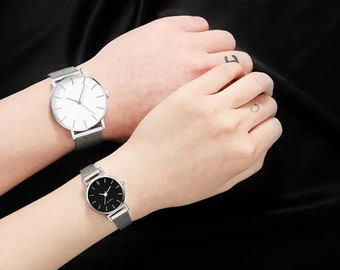 2 Stück Edelstahl Quarzuhren für Damen Herren Freizeitmode Goldene Damenuhr Armbanduhr