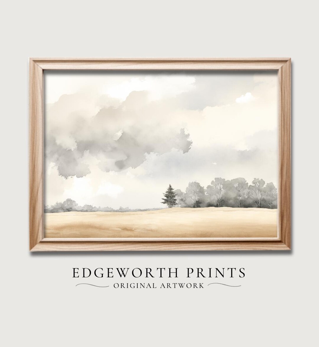 Summer Field, Clouds and Trees Landscape PRINTABLE, Neutral Minimalist ...