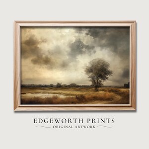 Könnte beinhalten: Ein Gemälde einer Landschaft mit einem einzelnen Baum im Vordergrund. Der Himmel ist bewölkt und die Farben sind gedämpft. Das Gemälde ist in einem hellen Holzrahmen gerahmt.