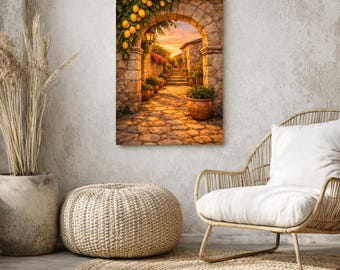 Mediterranean Sunset Archway Print | Lemon Courtyard Wall Art | Warm Rustic Pathway Canvas | European Decor
