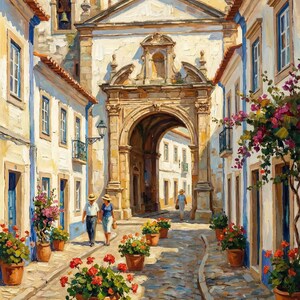 May include: Oil painting depicting a European street scene with a cobbled road, white buildings, and a large archway. Potted flowers line the street. A couple strolls down the street, and another person walks in the distance. The sky is a warm yellow.