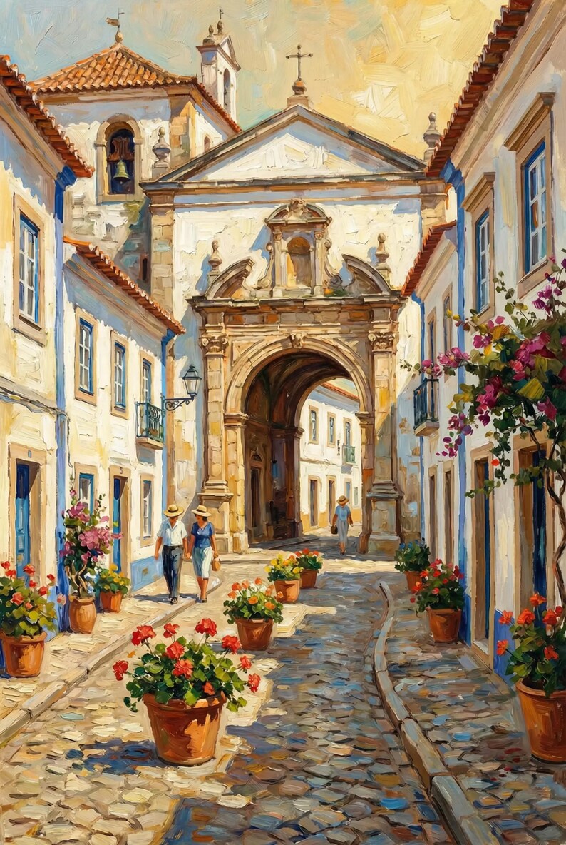 May include: Oil painting depicting a European street scene with a cobbled road, white buildings, and a large archway. Potted flowers line the street. A couple strolls down the street, and another person walks in the distance. The sky is a warm yellow.