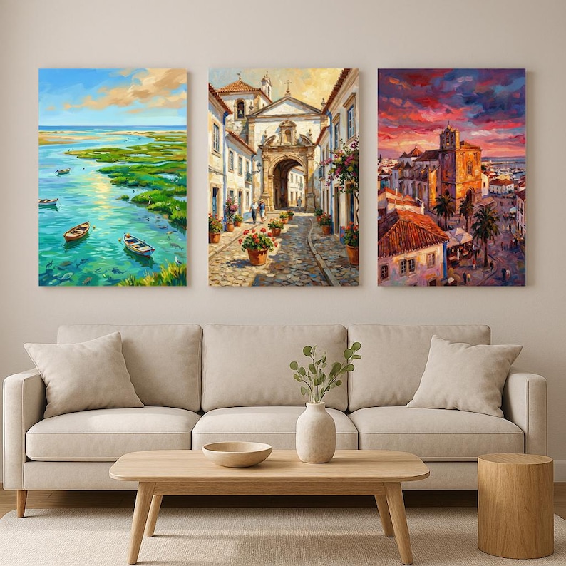 May include: Three framed landscape paintings. One shows boats on a river, another a street with buildings, and the third a city at sunset. The artworks are displayed above a beige sofa, with a wooden coffee table and side table.