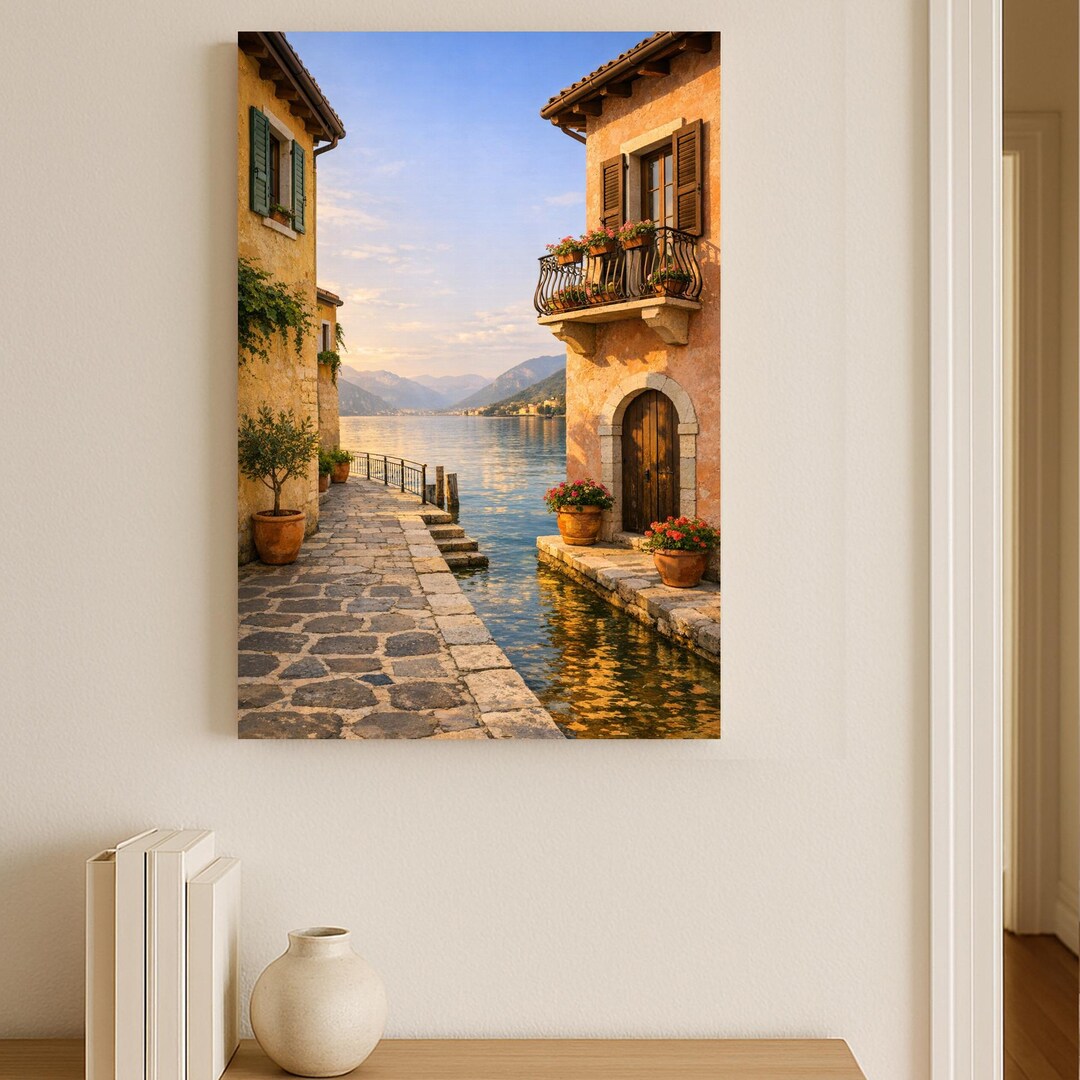Mediterranean Lakeside Canvas Print – Italian Village Sunset Wall Art ...