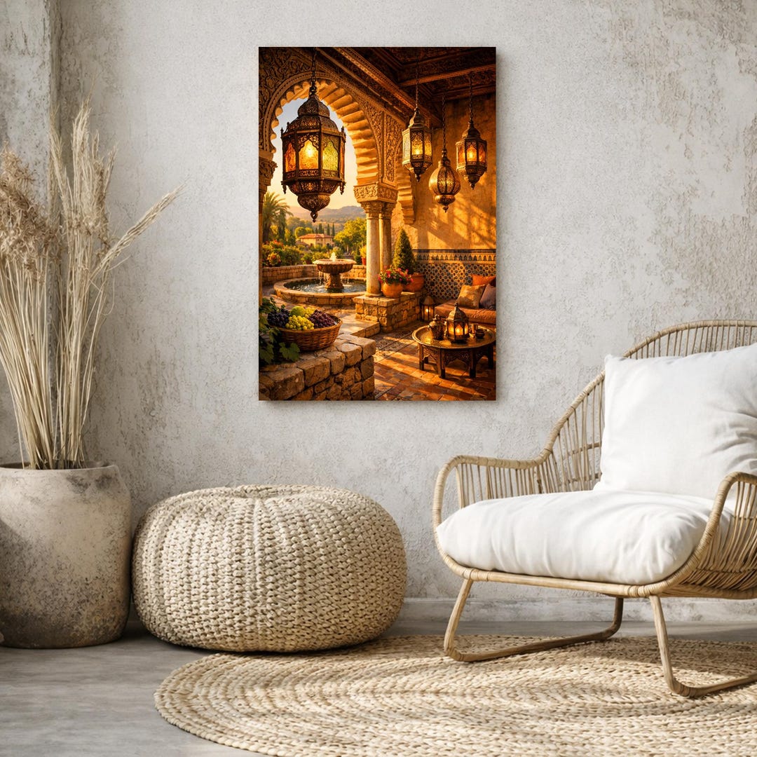 Mediterranean Courtyard Wall Art Print | Moorish Arch Decor | Warm ...