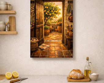 Mediterranean Kitchen Wall Art – Rustic Open Door Scene with Lemon Tree & Terracotta Patio – Warm Countryside Canvas Decor