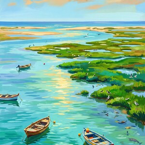May include: An impressionistic painting of a coastal scene. Several small boats float on turquoise water, surrounded by green marshland. The sky is a mix of blue and peach, with birds scattered throughout the scene.