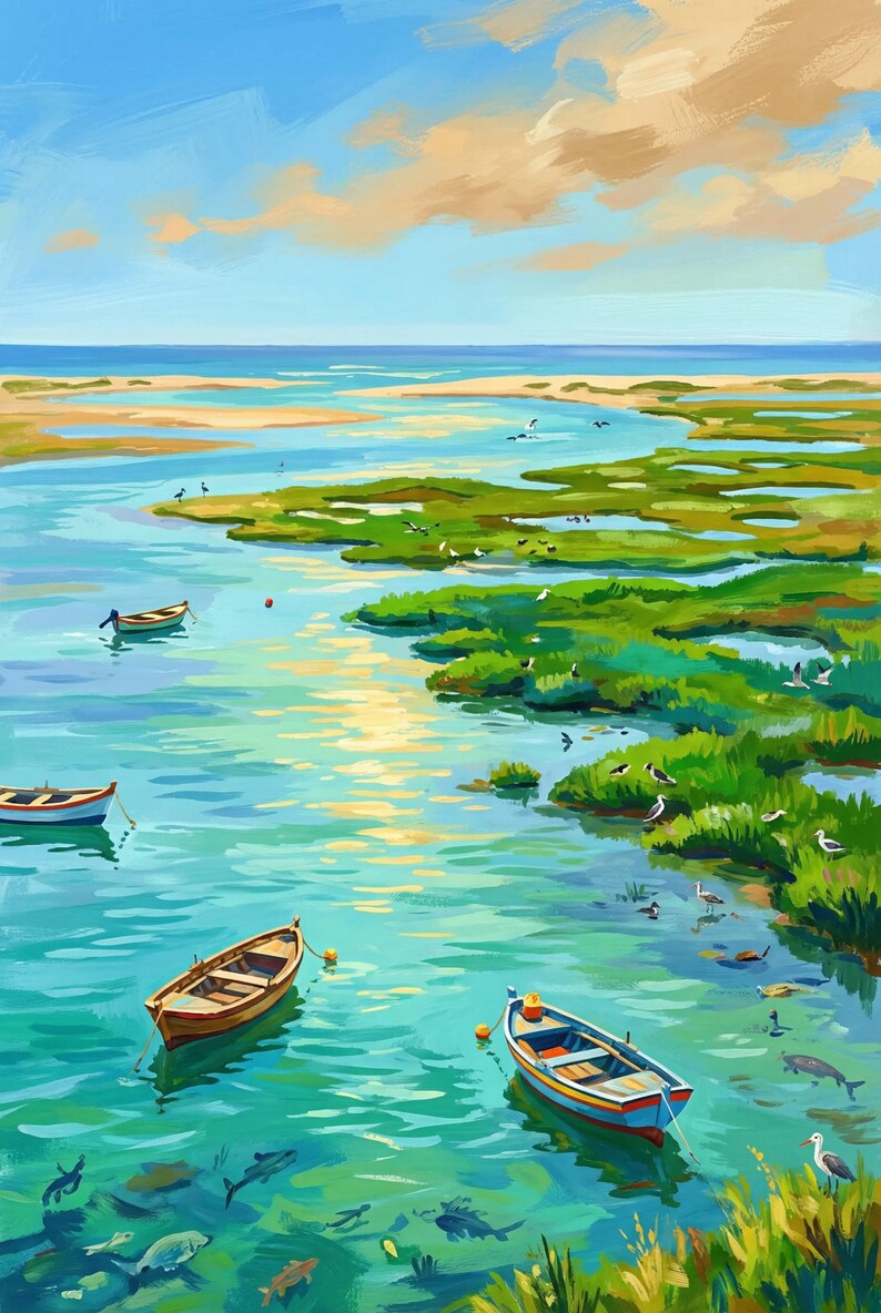 May include: An impressionistic painting of a coastal scene. Several small boats float on turquoise water, surrounded by green marshland. The sky is a mix of blue and peach, with birds scattered throughout the scene.