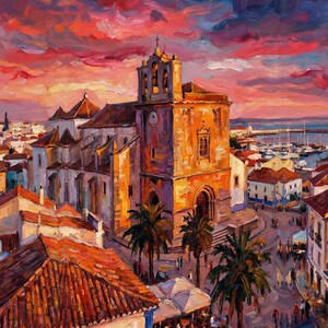 May include: An oil painting of a European town at sunset. The scene includes a church with a bell tower, red-tiled roofs, palm trees, and a harbour with boats. The sky is a vibrant mix of orange, red, and purple hues.