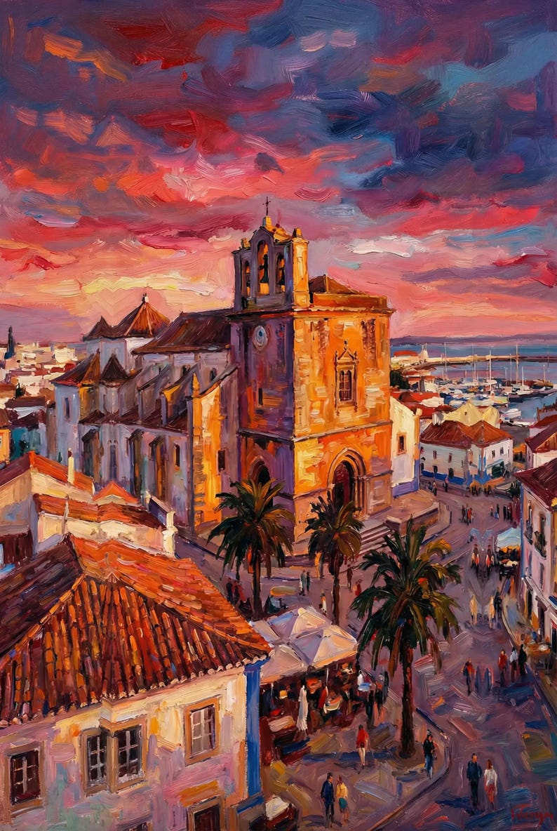 May include: An oil painting of a European town at sunset. The scene includes a church with a bell tower, red-tiled roofs, palm trees, and a harbour with boats. The sky is a vibrant mix of orange, red, and purple hues.