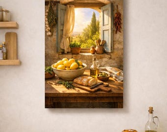 Mediterranean Kitchen Wall Art Canvas – Rustic Window Scene with Lemons, Bread & Olive Oil