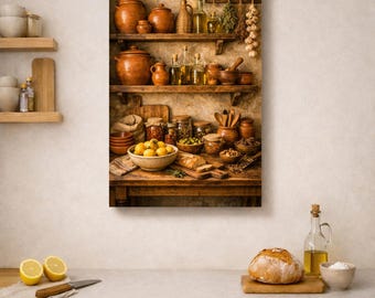 Mediterranean Kitchen Wall Art – Rustic Shelves with Lemons, Olive Oil & Herbs – Warm Farmhouse Food Decor Canvas