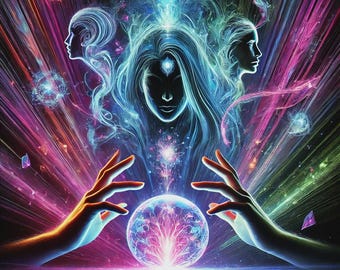 May include: Digital art depicting a mystical scene with a crystal ball at the center, radiating light. Two hands are positioned around the ball. The image features a woman's face and two profiles, all surrounded by vibrant blue, pink, and purple energy.