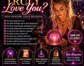 May include: A digital graphic for a mini psychic love reading featuring a person looking at a glowing crystal ball with a heart inside. Text includes: DO THEY TRULY LOVE YOU?, MINI PSYCHIC LOVE READING, FAST! HONEST! ACCURATE!, SAME DAY DELIVERY!, and GET ANSWERS YOU'VE BEEN WAITING FOR!