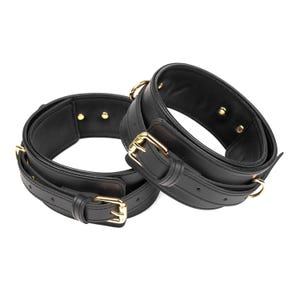 Black Leather Thigh Cuffs | Handmade Adjustable Garters | Luxury Bondage Lingerie for Her & Him | Role Play Gift