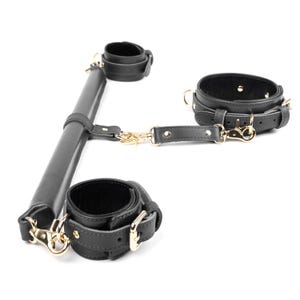 Leather Spreader Bar Full Kit | 3-Point Bondage Set | Wrist & Ankle Cuffs, Collar, Adjustable Connectors | Genuine Italian Leather