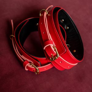 Red Leather Thigh Cuffs | Handmade Adjustable Garters | Luxury Bondage Lingerie for Her & Him | Role Play Gift