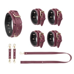Burgundy Leather Bondage Set | Collar with Leash, Wrist & Ankle Cuffs, 2 Connectors | Spreader Bar Add-On | Adult Roleplay Gear