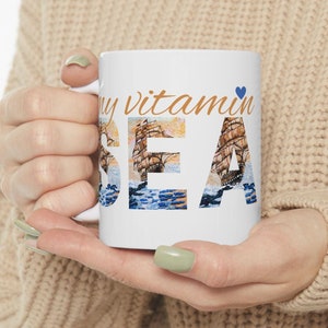 Vitamin SEA Mug | Nautical Mosaic Ship Mug | Ocean Lover Gift | Sea Inspired Ceramic Coffee Cup | Cruise Gift for Him & Her | Coastal Mug
