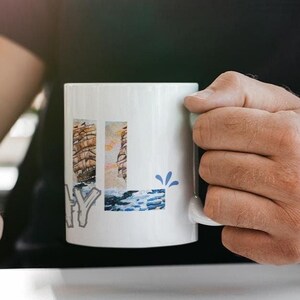 Sail Away Sea Nautical Ceramic Mug | Ocean Lover Gift | Mosaic Sailboat Coffee Cup | Beach Kitchen Decor | Cruise & Sea Inspired Mug Cruise