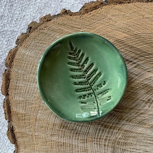 Könnte beinhalten: Eine kleine grüne Keramikschale mit einem Farnmuster. Die Schale ist perfekt für die Aufbewahrung von Schmuck, Schlüsseln oder anderen kleinen Gegenständen.