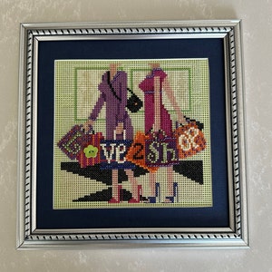 Love 2 Shop Cross-Stitch, Completed Cross-Stitch, Framed Cross-Stitch